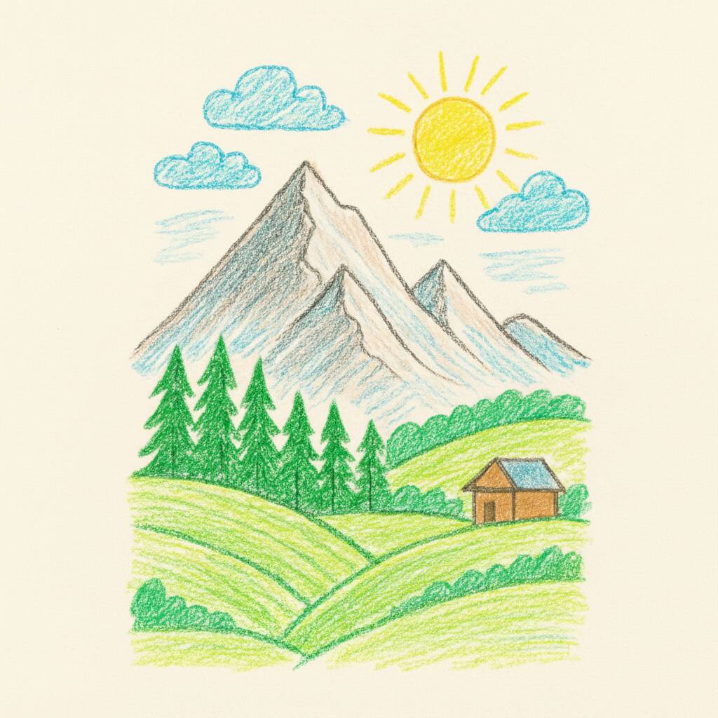 Desenho de paisagem com montanhas, sol, nuvens e uma casa