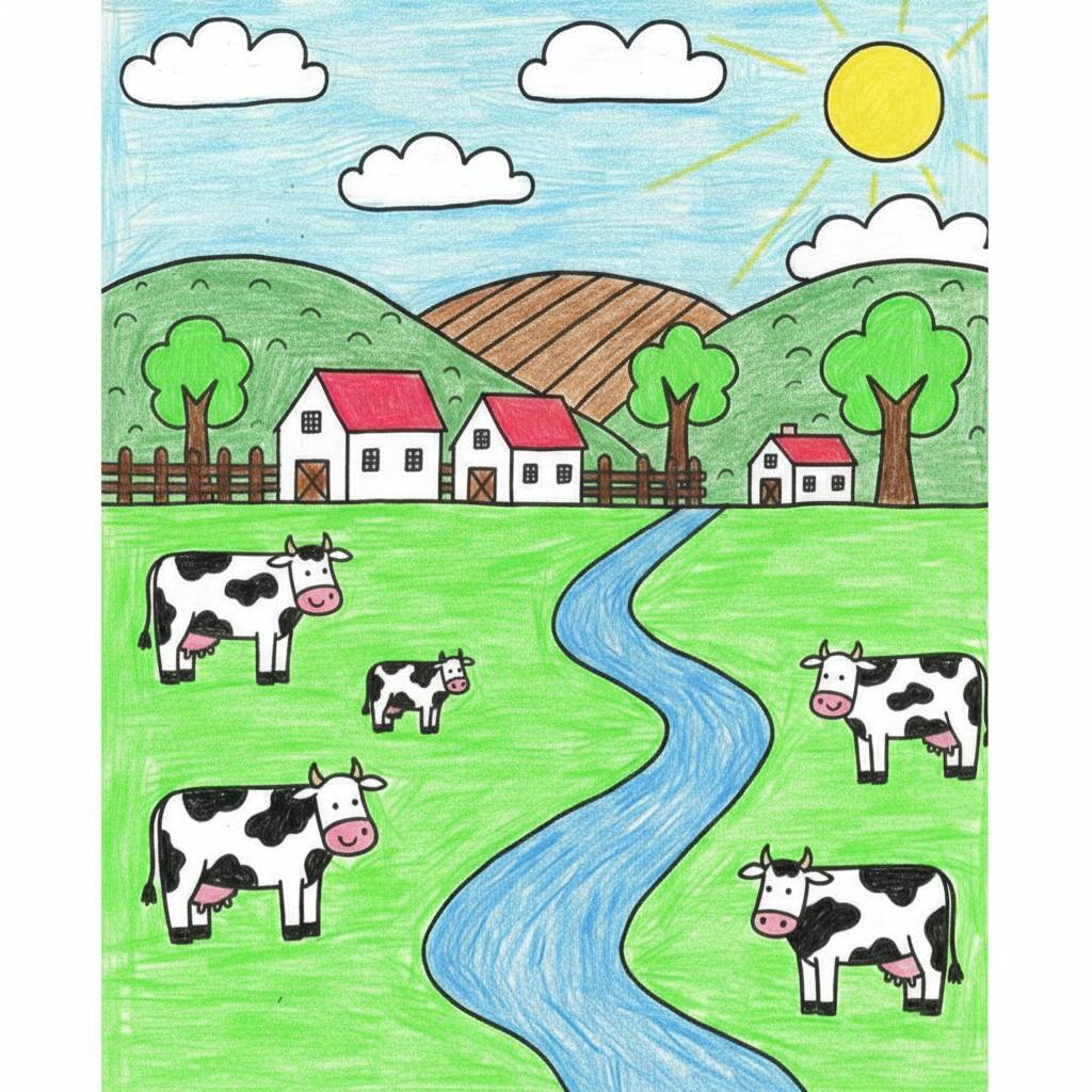 Desenho de paisagem rural com vacas pastando ao lado de um riacho