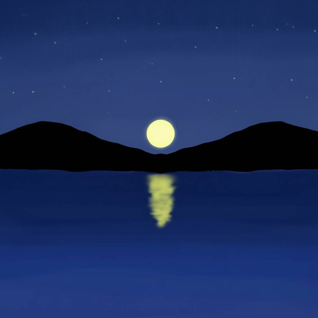 Desenho de paisagem tranquila com lua refletida na água