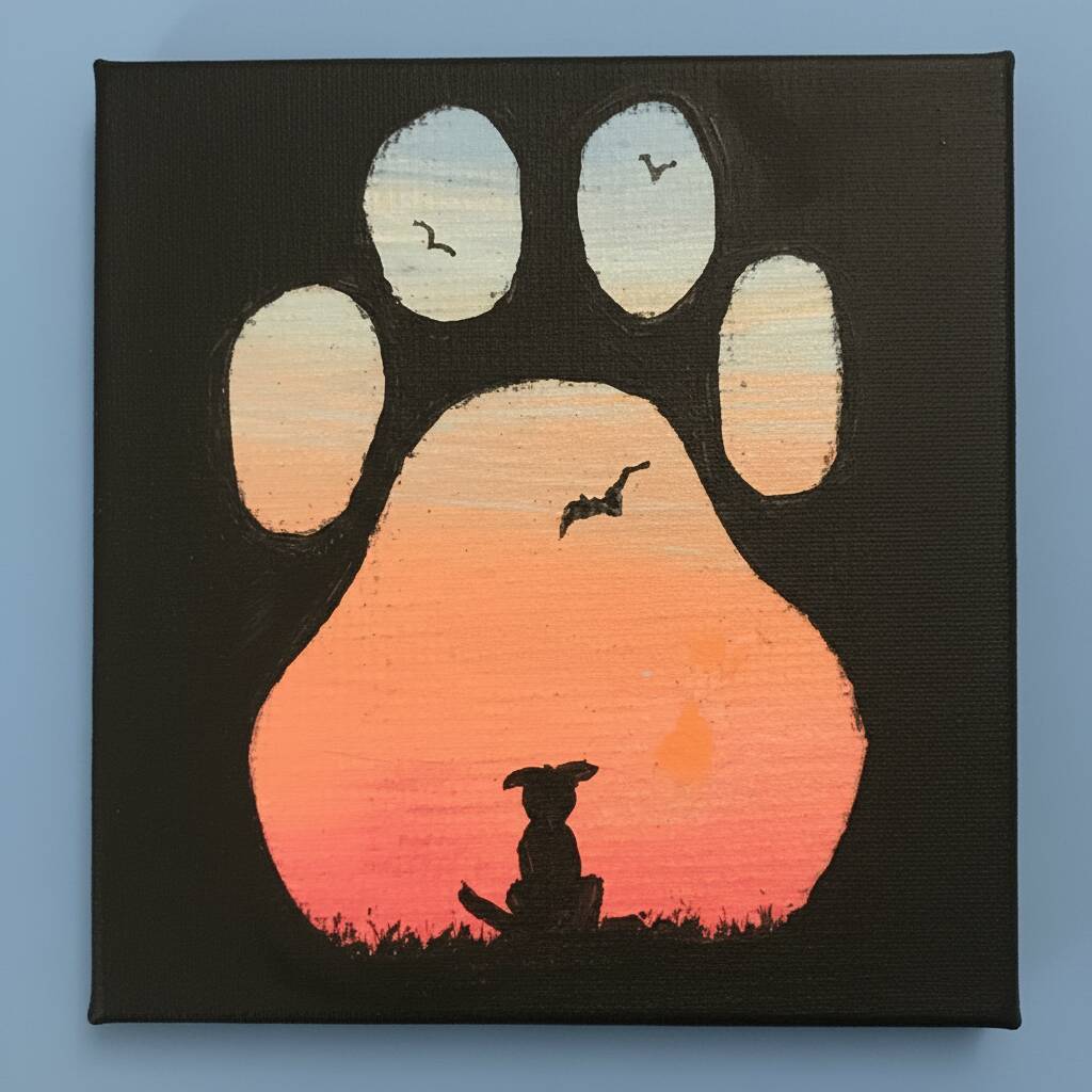 Desenho de pata de cachorro com silhueta de um cão ao pôr do sol