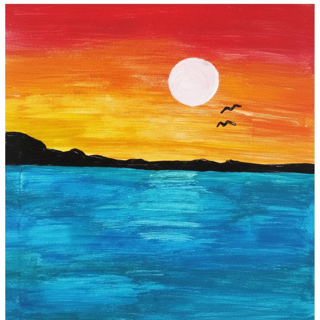 Desenho de pôr do sol com céu colorido e mar tranquilo