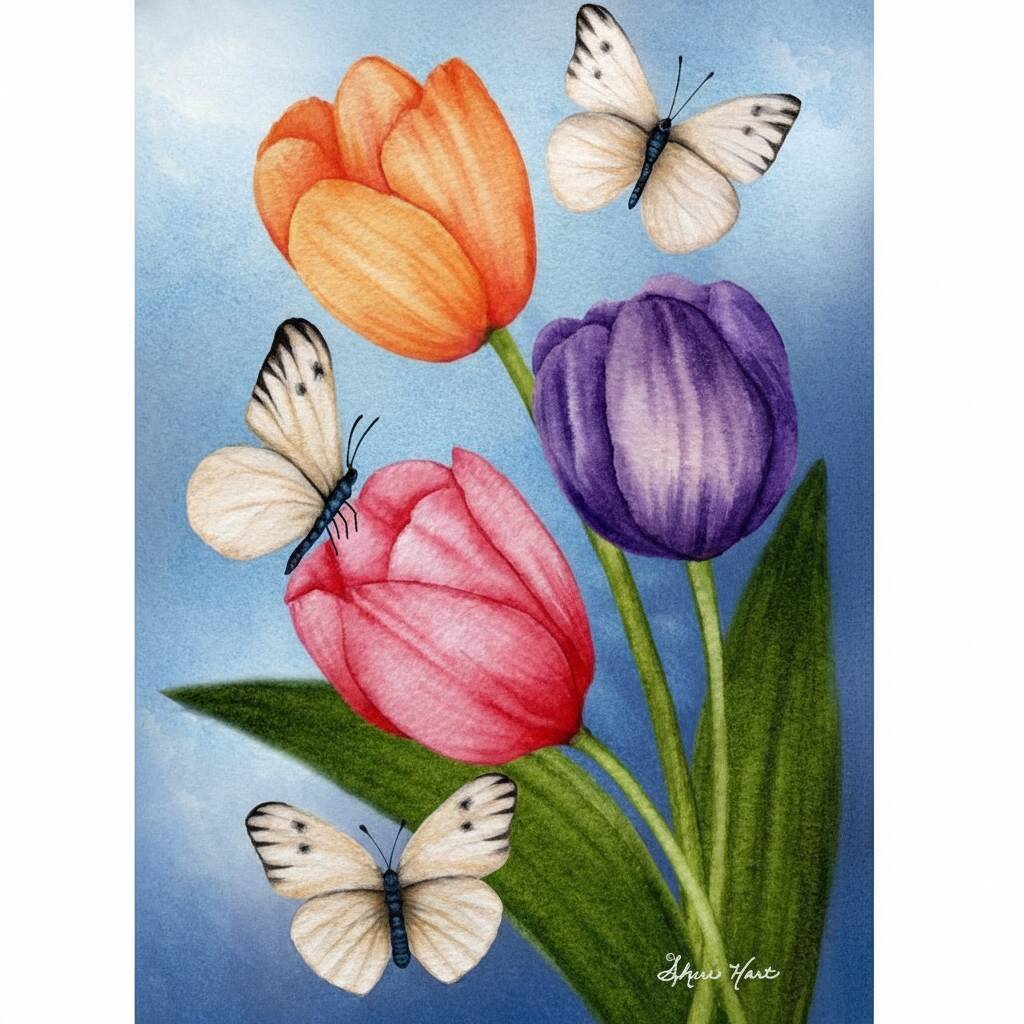 Desenho de tulipas coloridas com borboletas para colorir