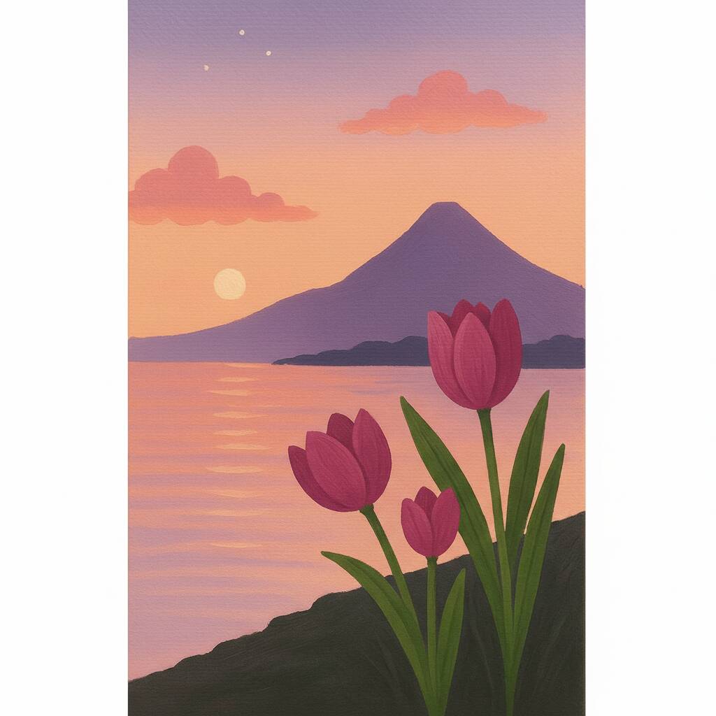 Desenho de tulipas coloridas com montanha e pôr do sol ao fundo