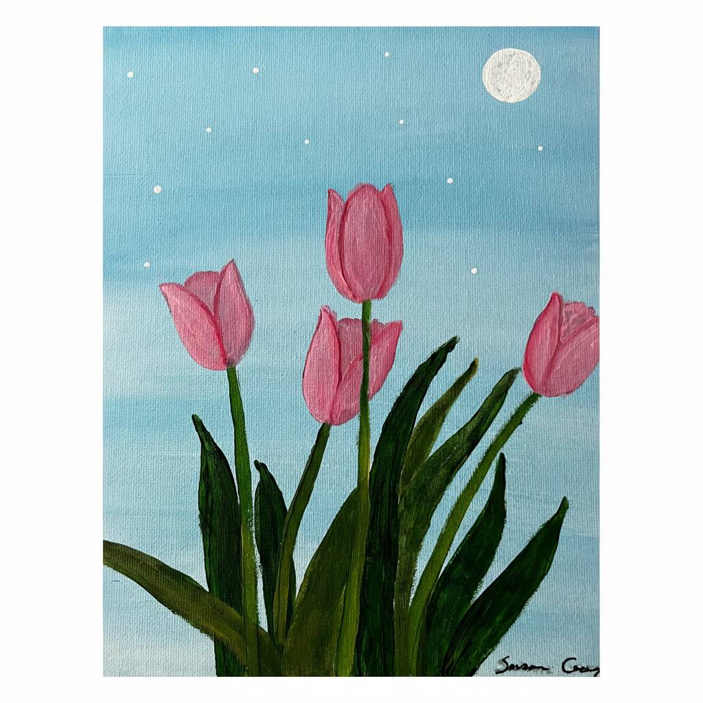 Desenho de tulipas em um céu azul com lua