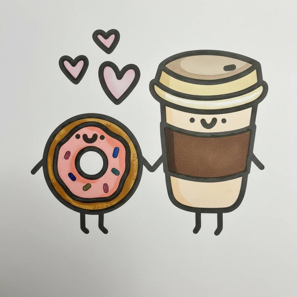 Desenho de um donut e um copo de café com corações