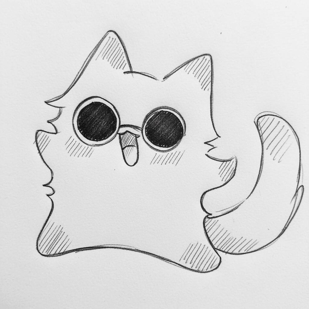 Desenho de um gato fofo com óculos a lápis