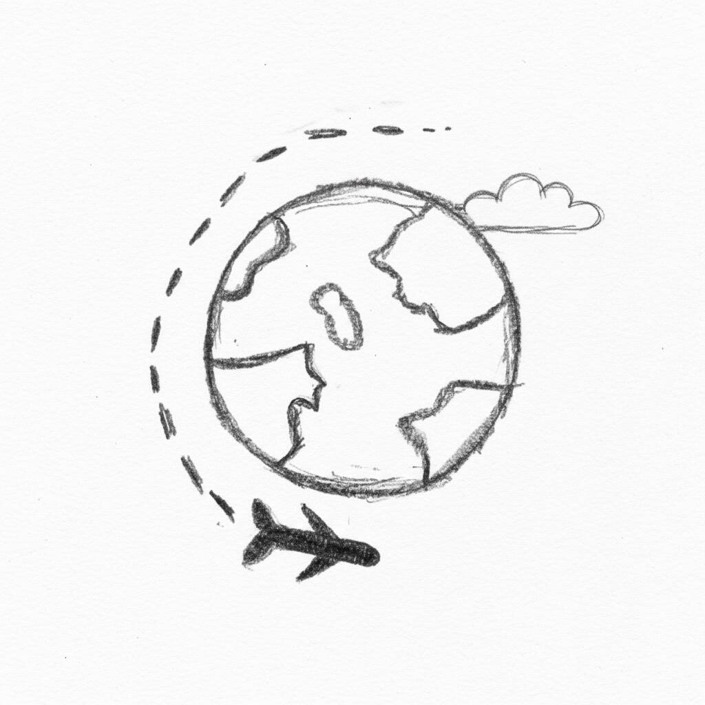 Desenho de um globo terrestre com um avião e nuvem para colorir