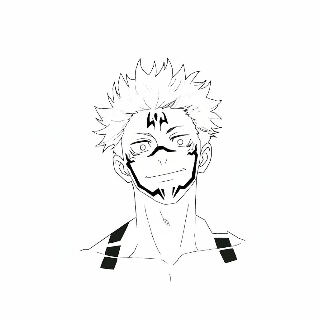 Desenho de um personagem de anime com cabelo espetado e marca facial