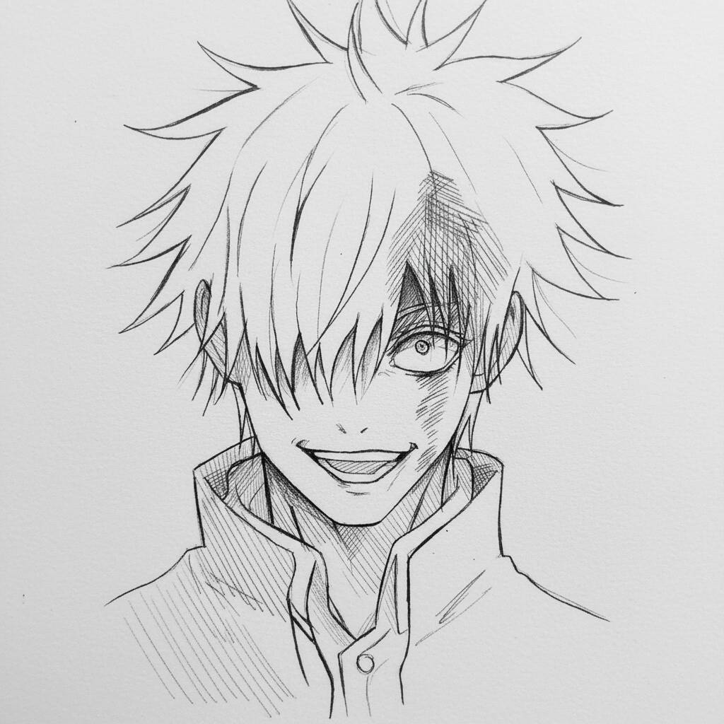 Desenho de um personagem de anime com cabelo espetado e sorriso