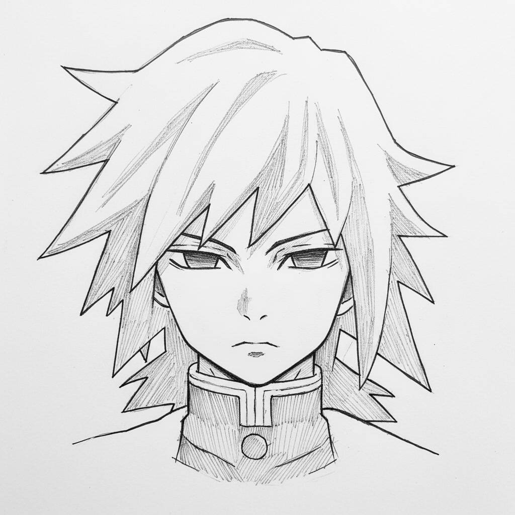 Desenho de um personagem de anime com cabelo estilizado em preto e branco
