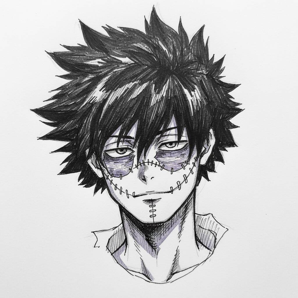Desenho de um personagem de anime com cicatrizes
