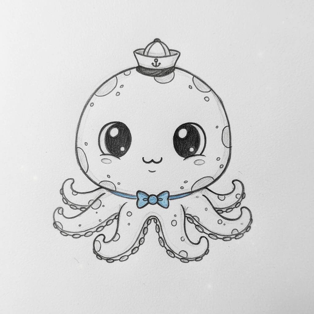 Desenho de um polvo fofo com chapéu de marinheiro e gravata