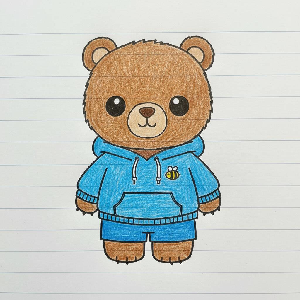 Desenho de um urso fofo usando moletom azul e short.