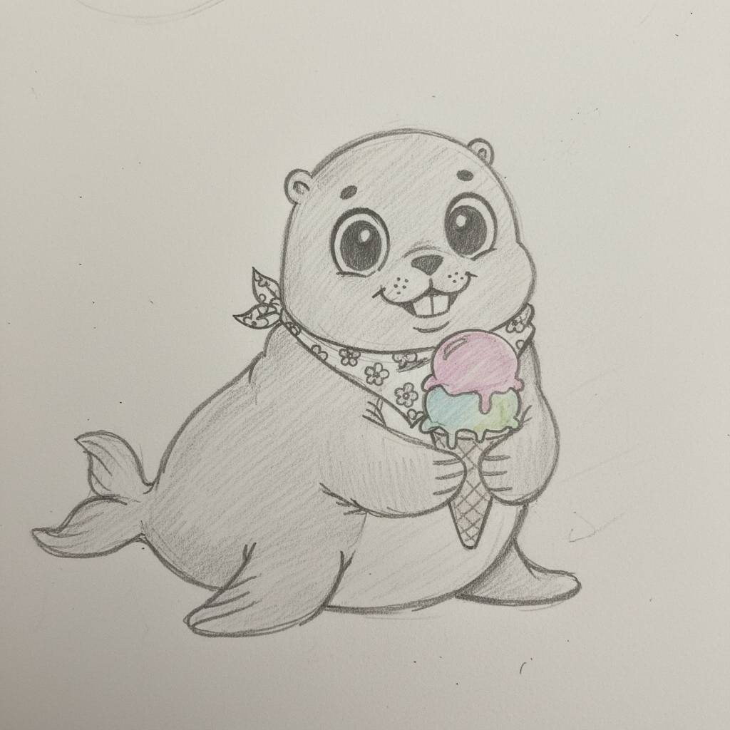 Desenho de uma foca segurando um sorvete colorido