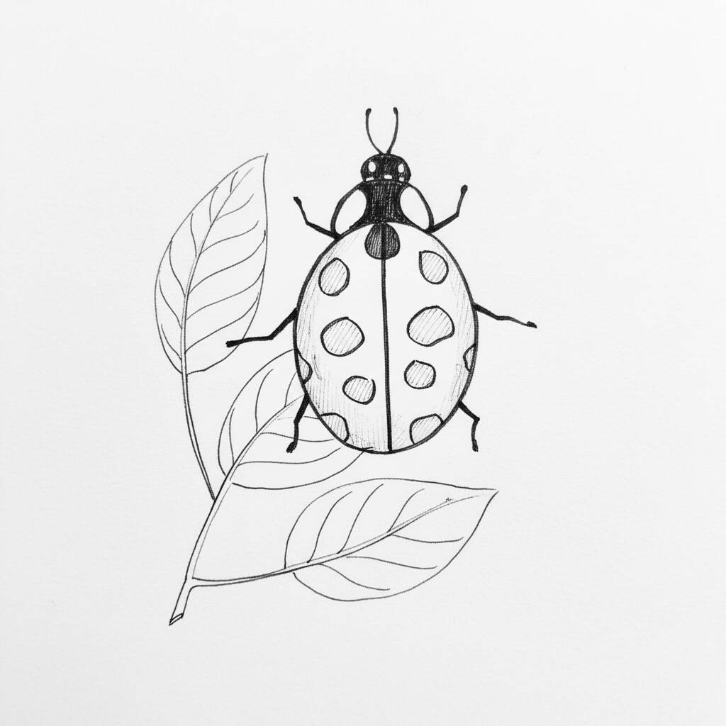Desenho de uma joaninha sobre uma folha para colorir