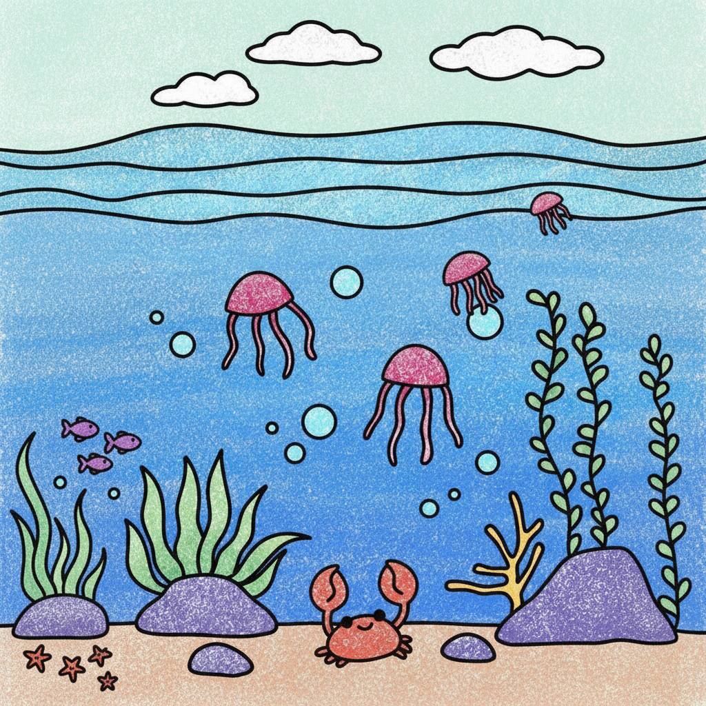 Desenho de vida marinha com águas-vivas e caranguejo em um ambiente subaquático