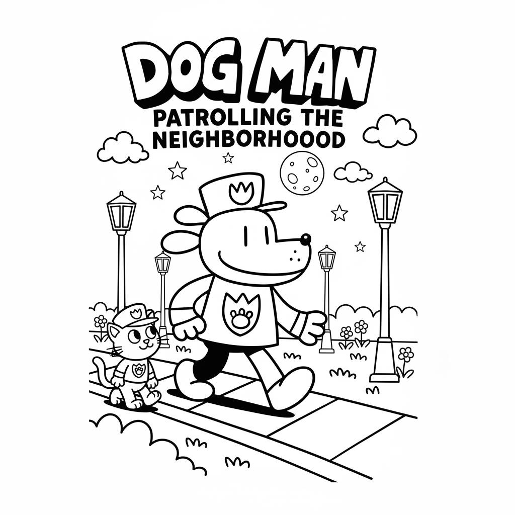 Desenho do Dog Man patrulhando o bairro para colorir