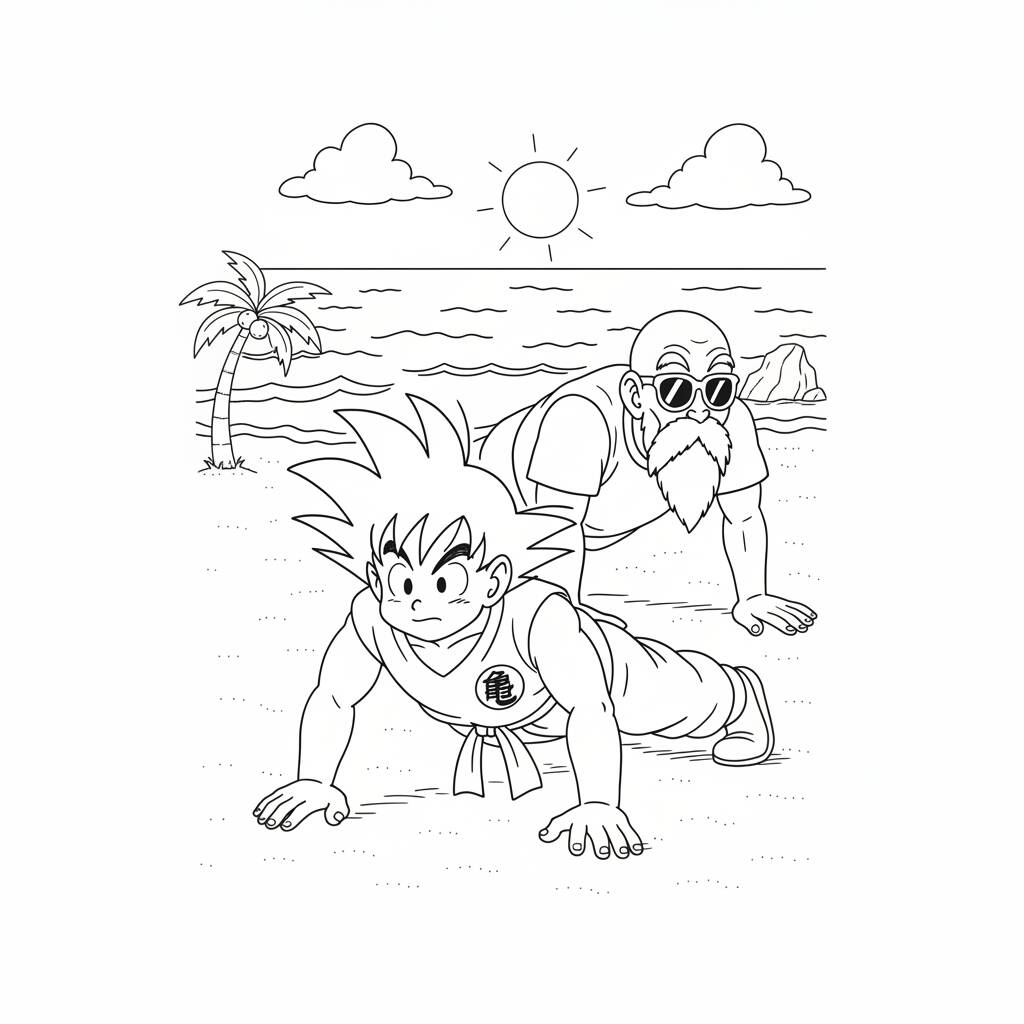 Desenho do Goku e do Mestre Kame para colorir