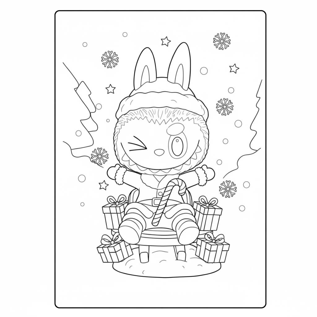 Desenho do Labubu Brincando com Presentes para colorir (Desenho para Colorir)