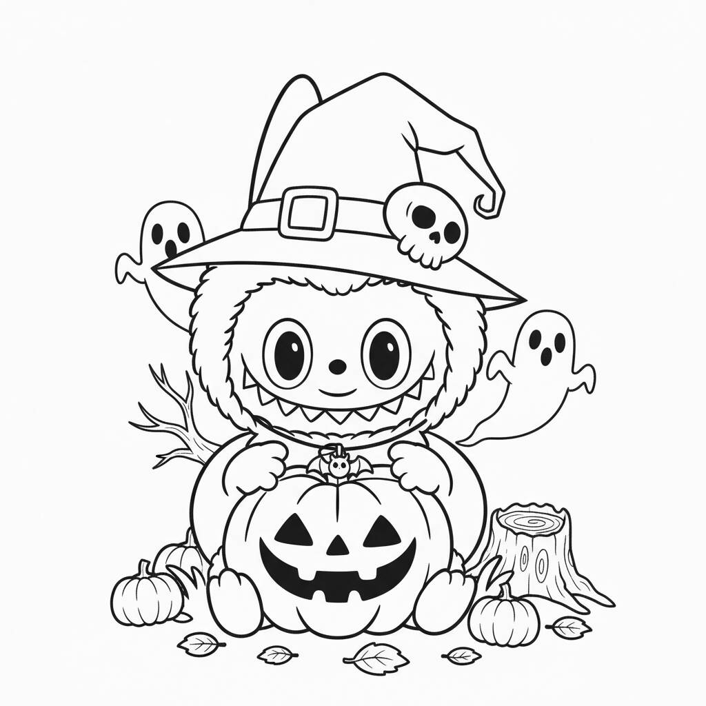Desenho do Labubu de Halloween segurando uma abóbora para colorir