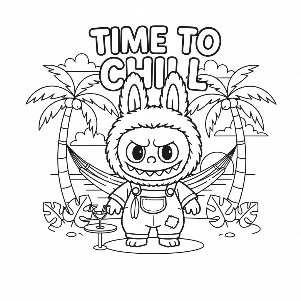 Desenho do Labubu relaxando na praia para colorir
