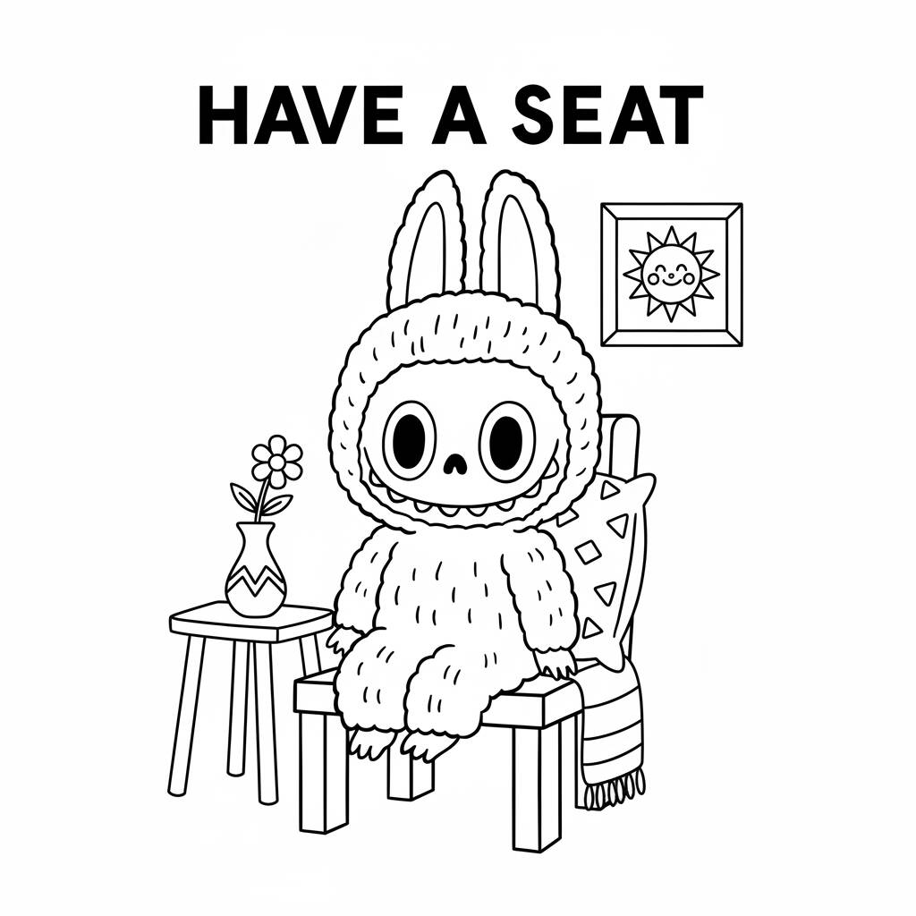 Desenho do Labubu sentado em uma cadeira com uma flor para colorir