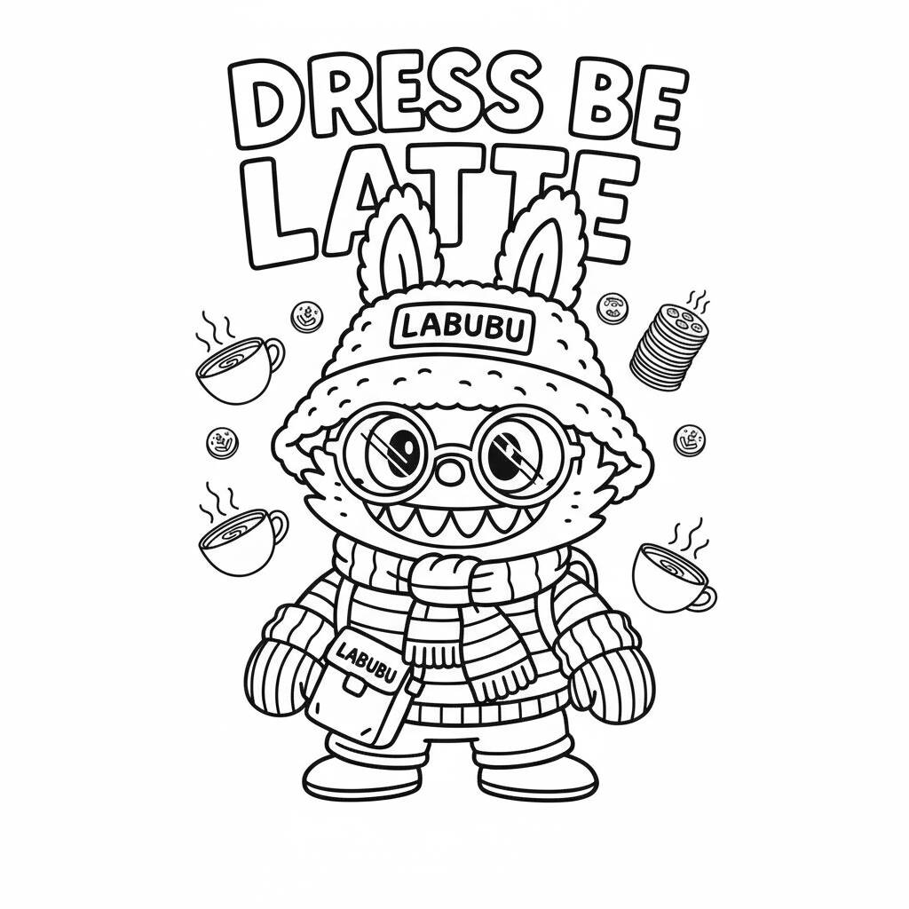 Desenho do Labubu tomando café para colorir