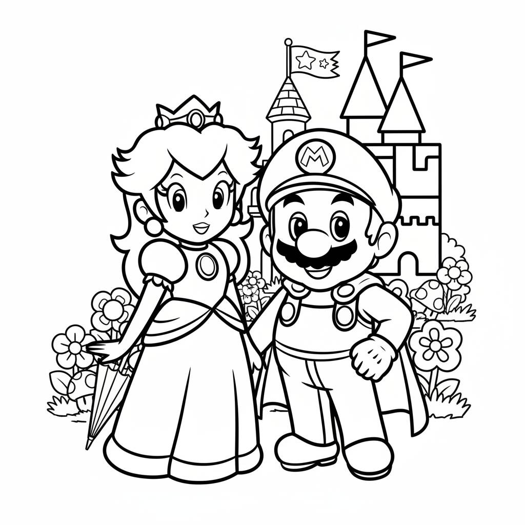 Desenho do Mario e da Princesa Peach para colorir