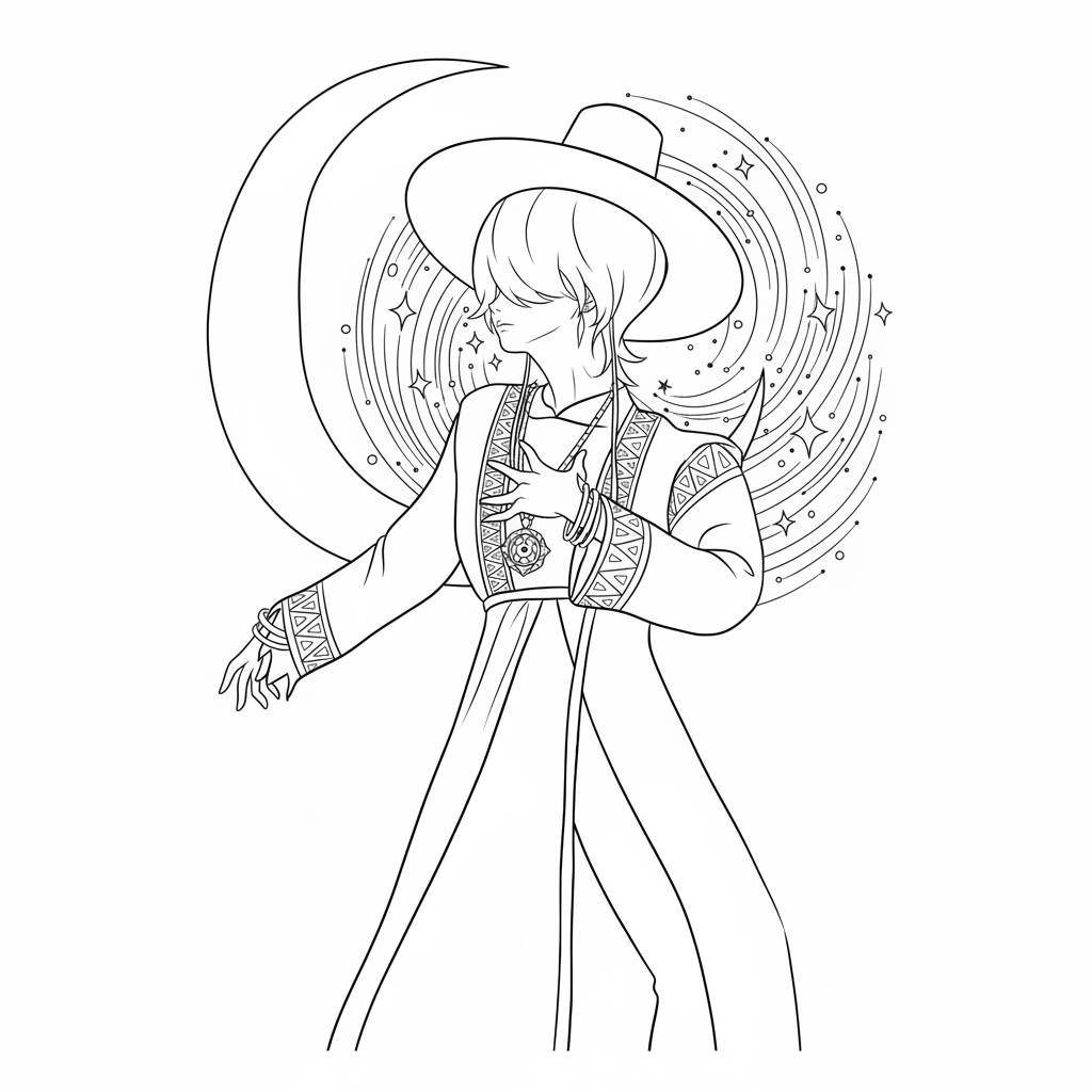 Desenho do Mystery Saja com chapéu e lua para colorir (Saja Boys)