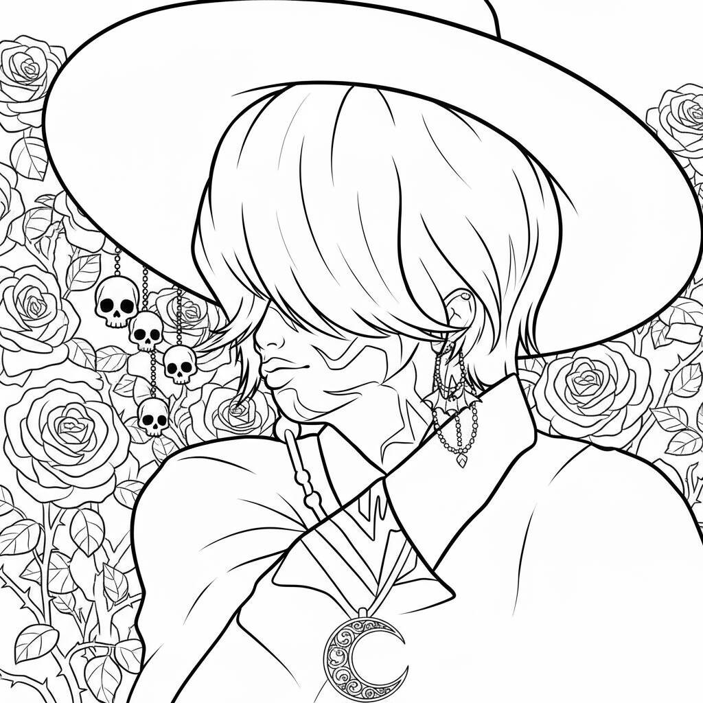 Desenho do Mystery Saja com flores e crânios para colorir (Saja Boys)