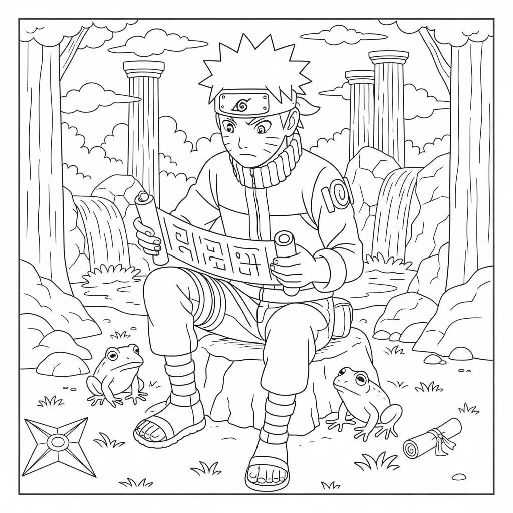 Desenho do Naruto lendo um pergaminho para colorir