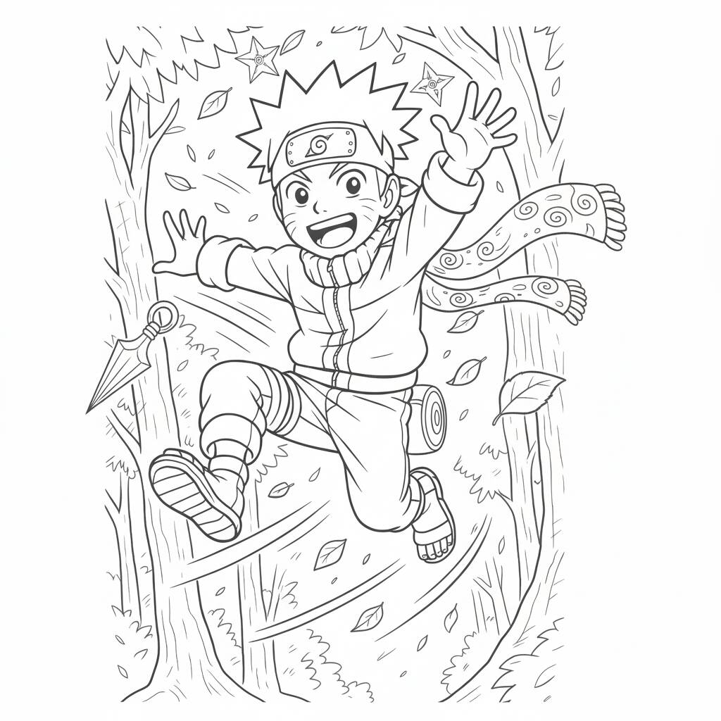 Desenho do Naruto pulando na floresta para colorir