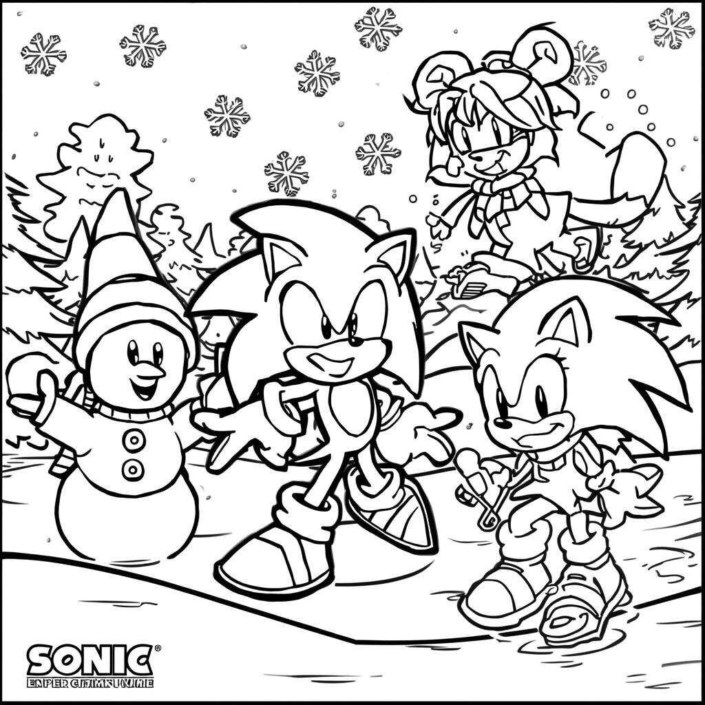 Desenho do Sonic e seus Amigos em um Mundo de Gelo para Colorir