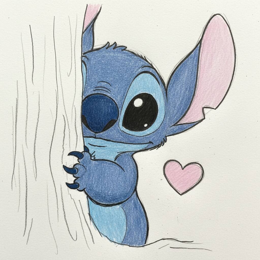 Desenho do Stitch escondido atrás de uma árvore com um coração