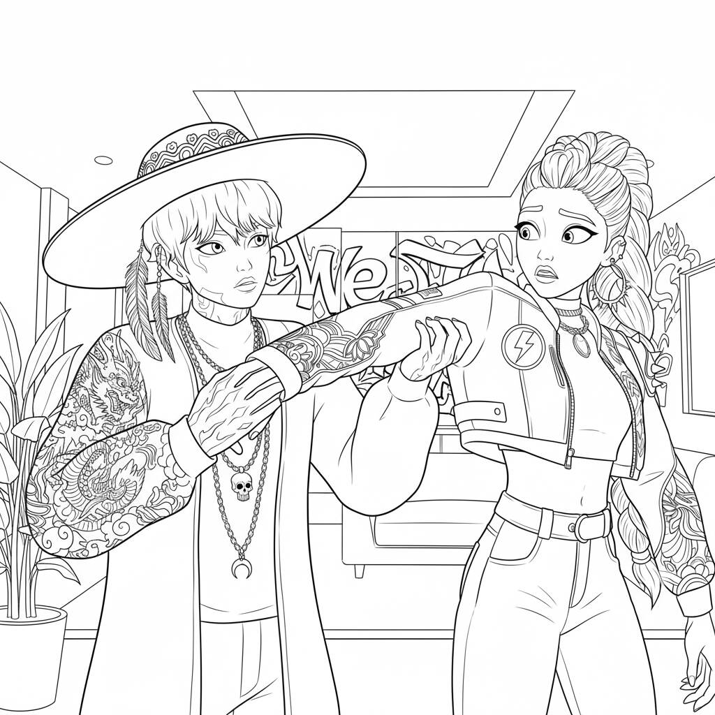 Desenho dos Baby Saja em ação para colorir (Guerreiras do K-Pop)