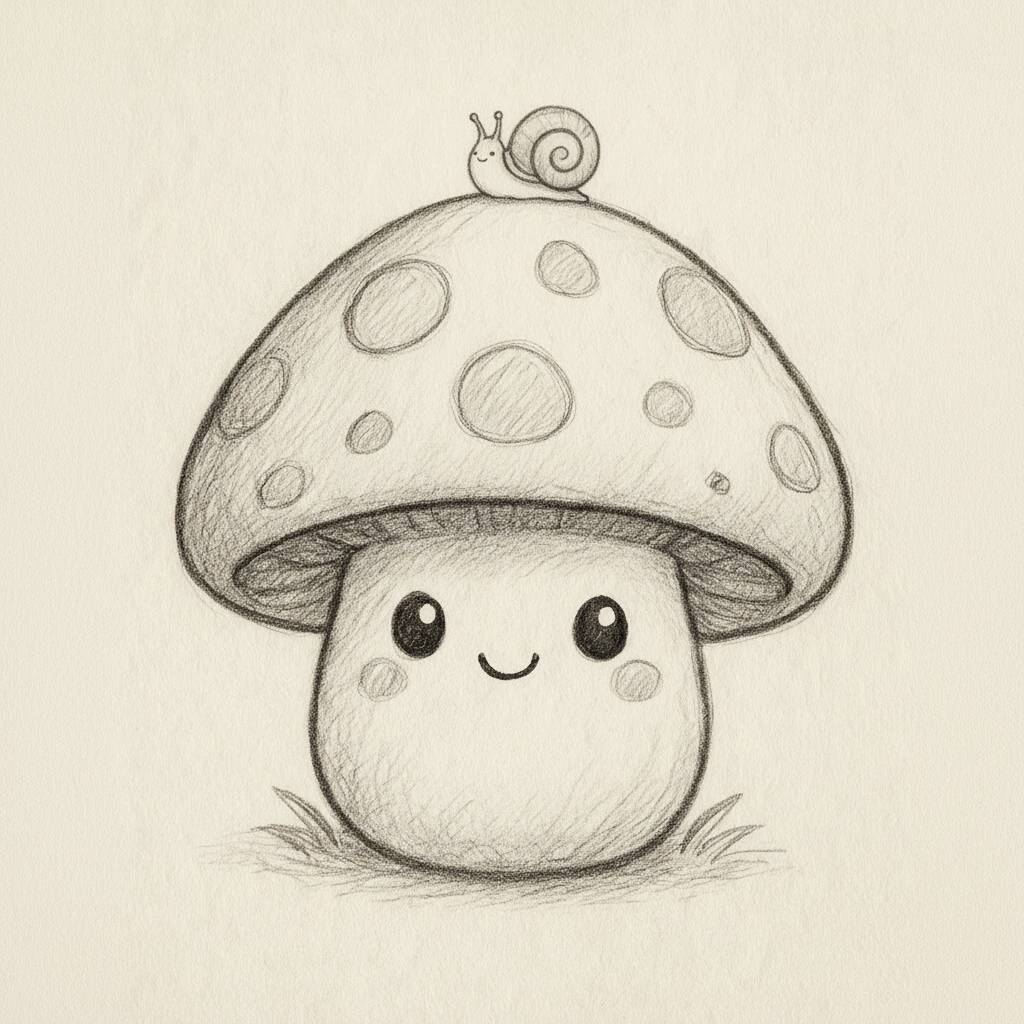Desenho fofo de cogumelo sorridente com caracol para colorir