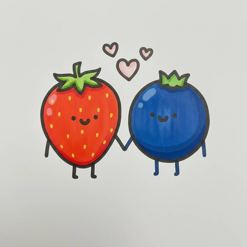 Desenho fofo de um morango e um mirtilo segurando as mãos com corações