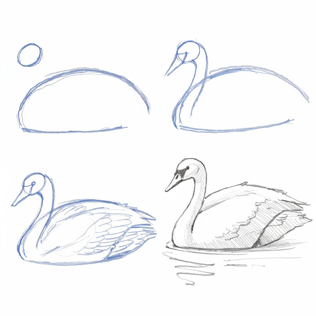 Desenho passo a passo de um cisne para colorir