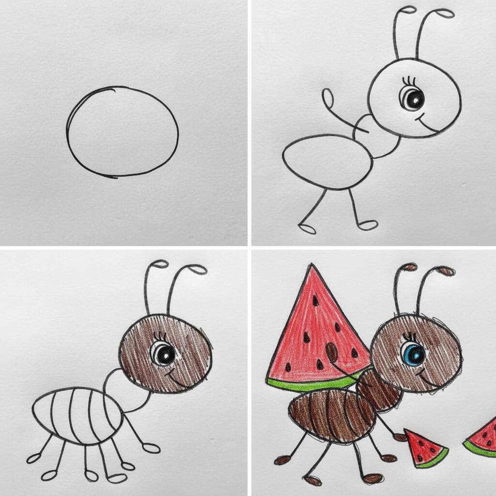 Desenho passo a passo de uma formiga com melancia
