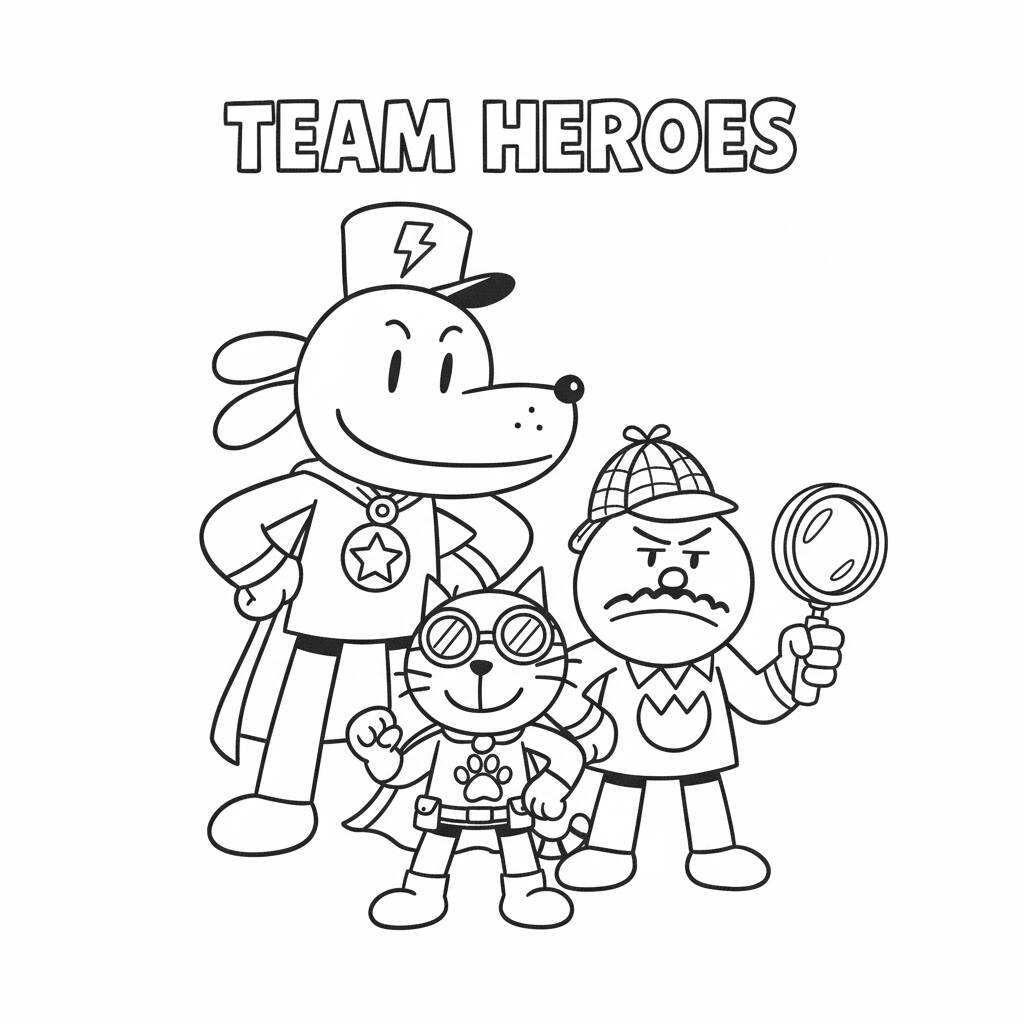 Dog Man e seus amigos heroicos (Desenho para Colorir)