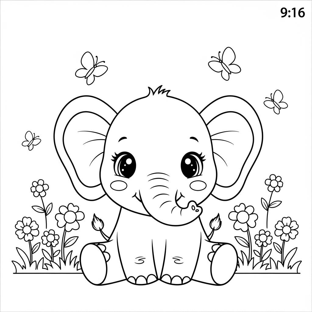 Elefante Kawaii Fofo (Desenho para Colorir)