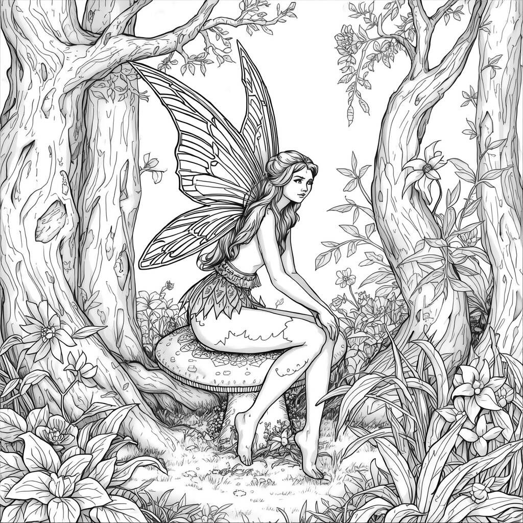 Fada Realista na Floresta (Desenho para Colorir)