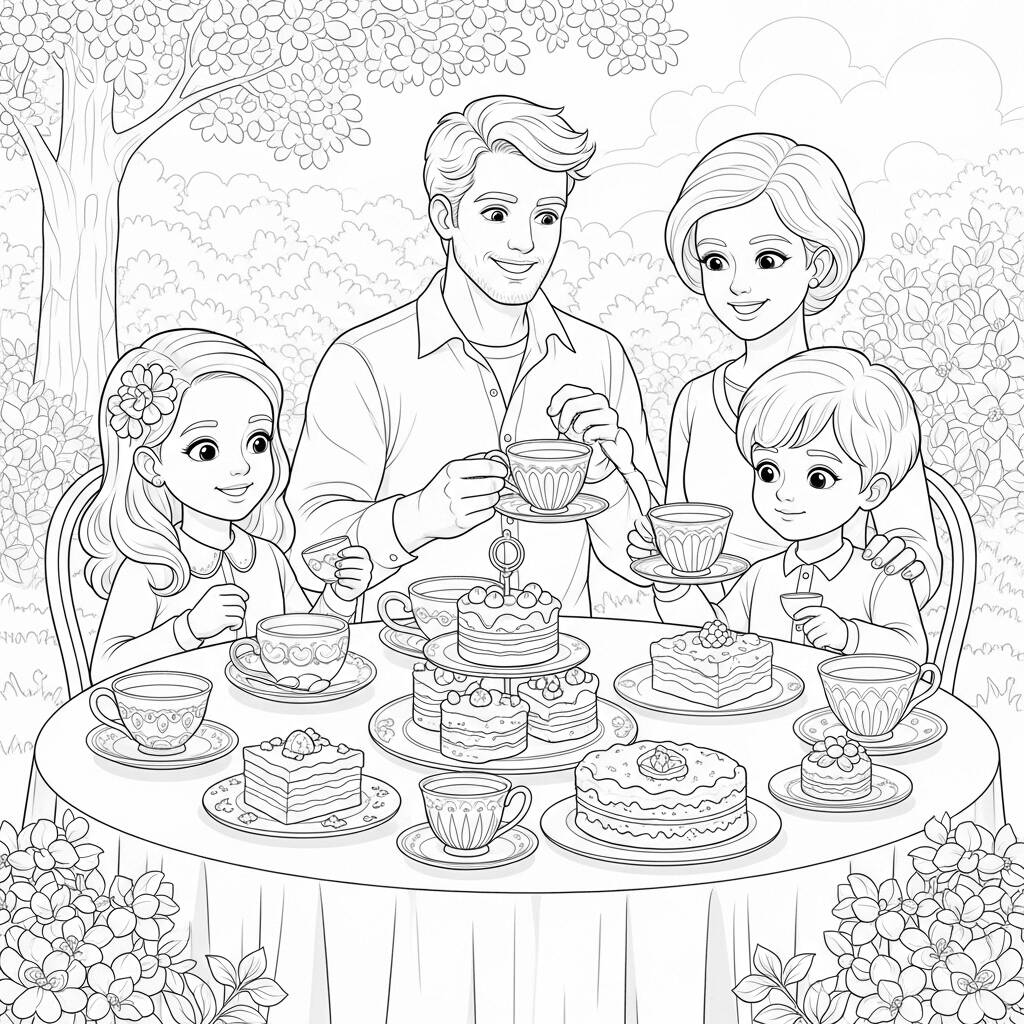 Familia em uma Festa de Cha (Desenho para Colorir)