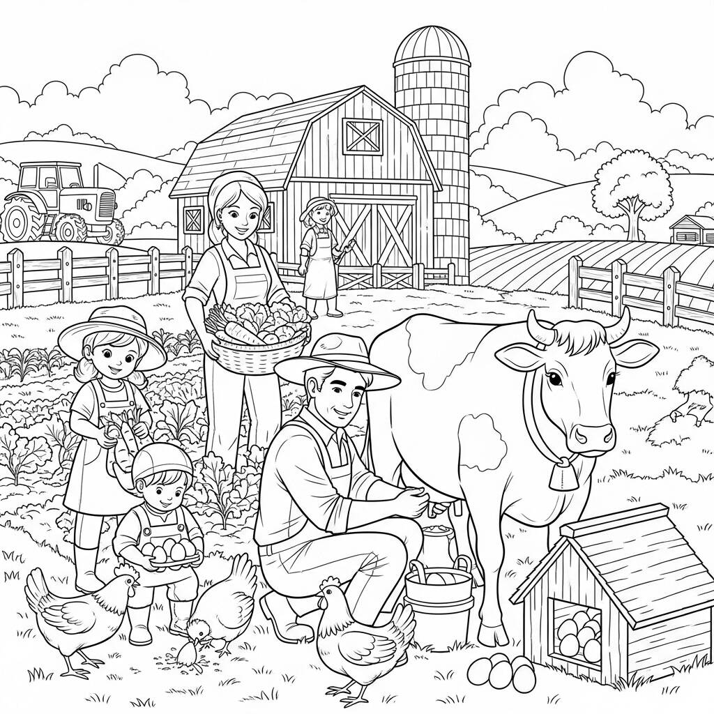 Familia na Fazenda (Desenho para Colorir)