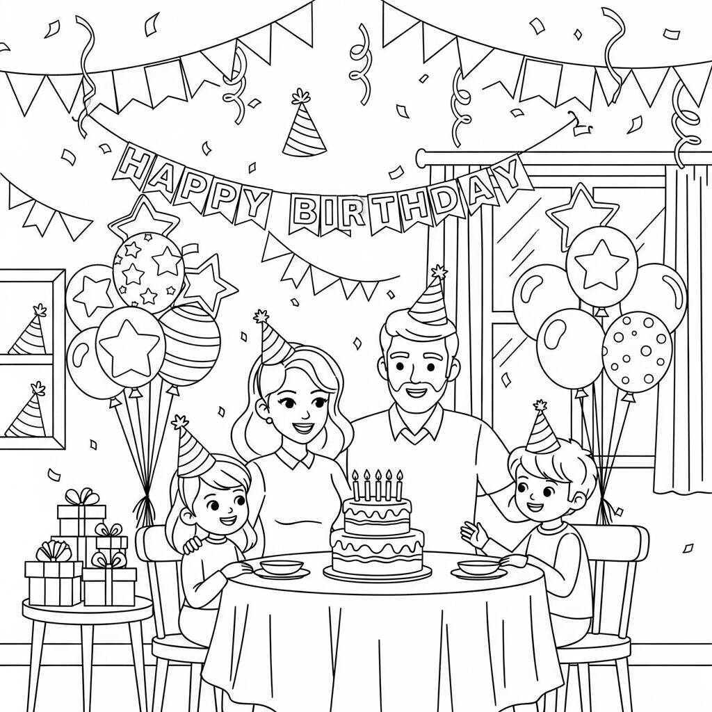 Familia no Aniversario (Desenho para Colorir)