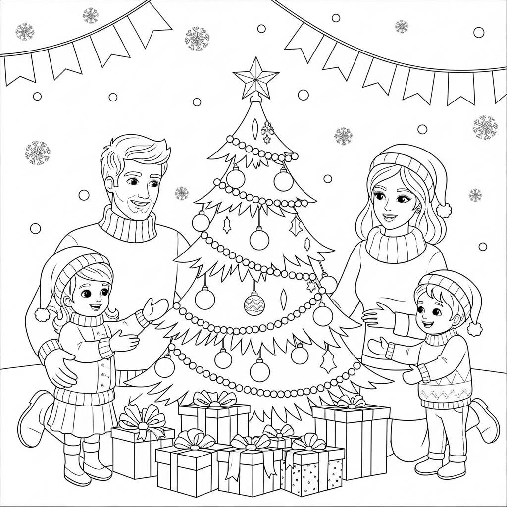 Familia no Natal (Desenho para Colorir)