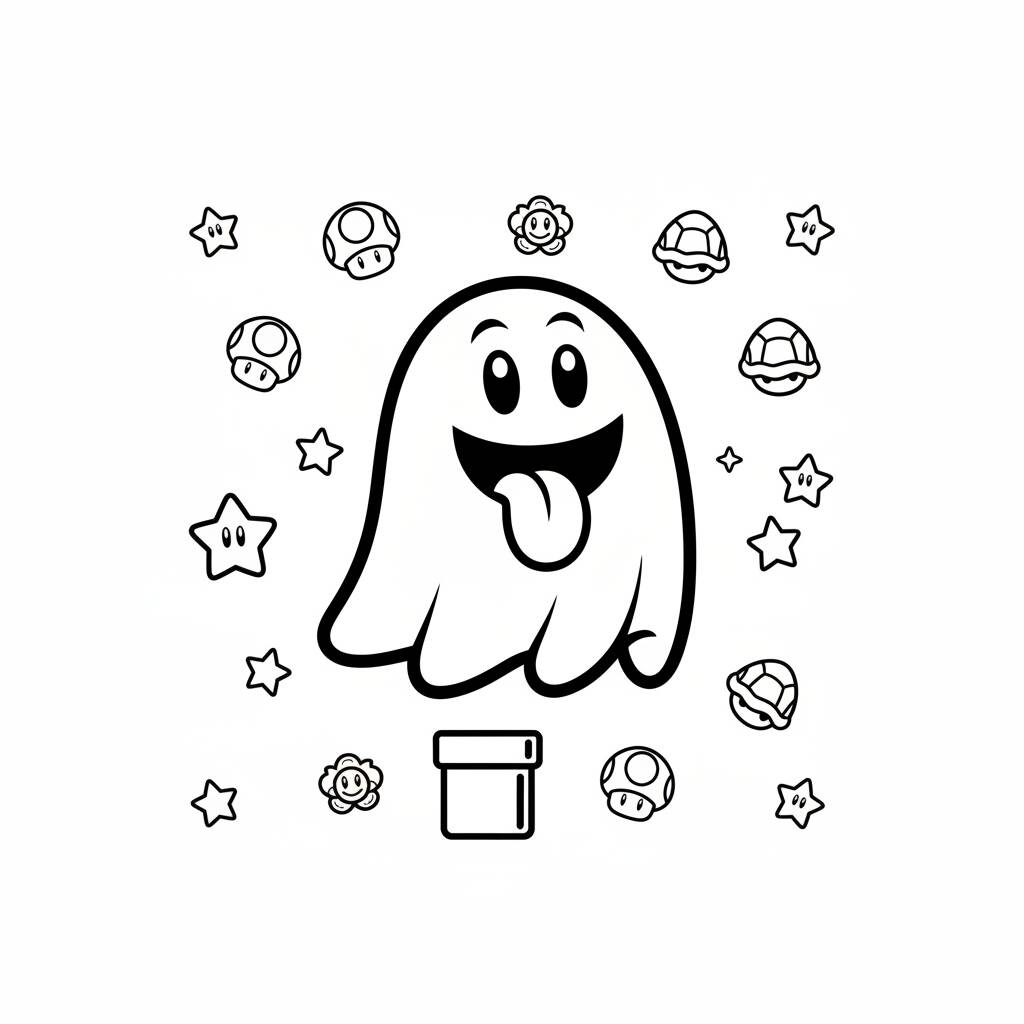 Fantasma do Super Mario para colorir com estrelas e itens do jogo