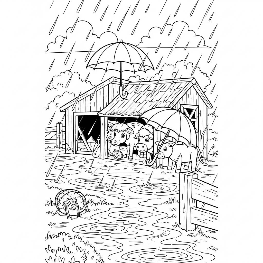 Fazenda Dia de Chuva (Desenho para Colorir)