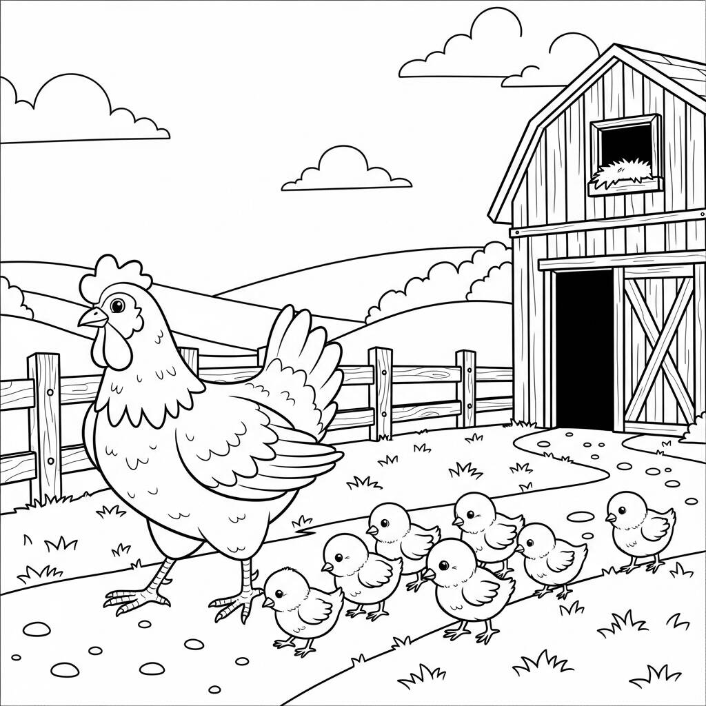 Fazenda Mae Galinha e Pintinhos (Desenho para Colorir)