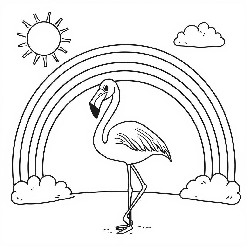 Flamingo e Arco iris (Desenho para Colorir)